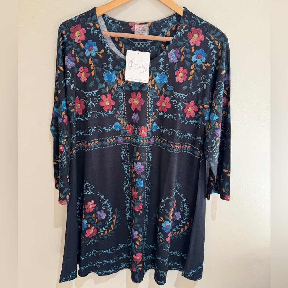 NWT Et Lois Floral Knit Tunic Sz S Womens  Made in USA Boho Cottage